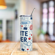 Tumbler with educational design on a wooden table