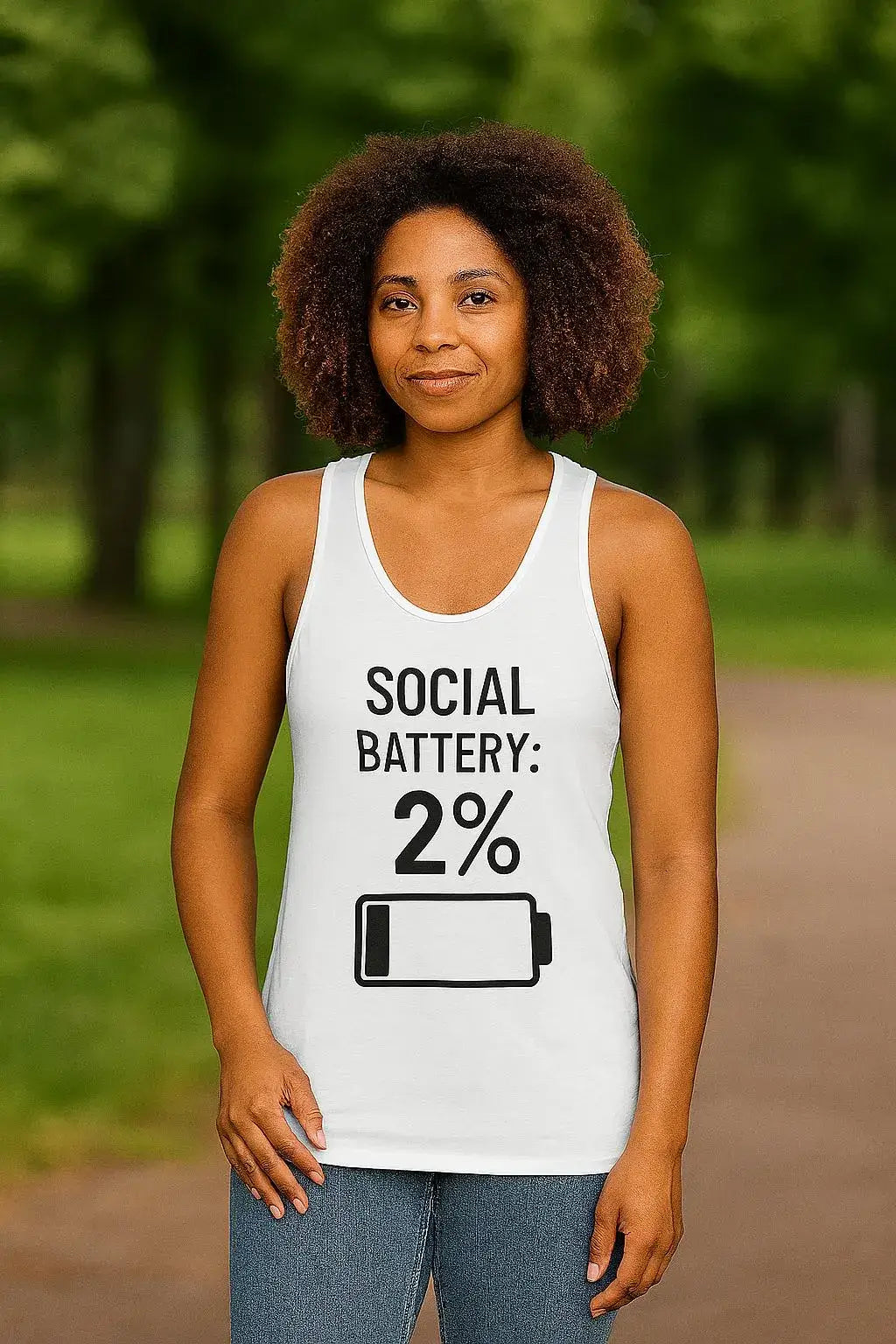 Social Battery 2% Unisex Jersey Tank | Funny Introvert Graphic Top for Casual Summer Wear