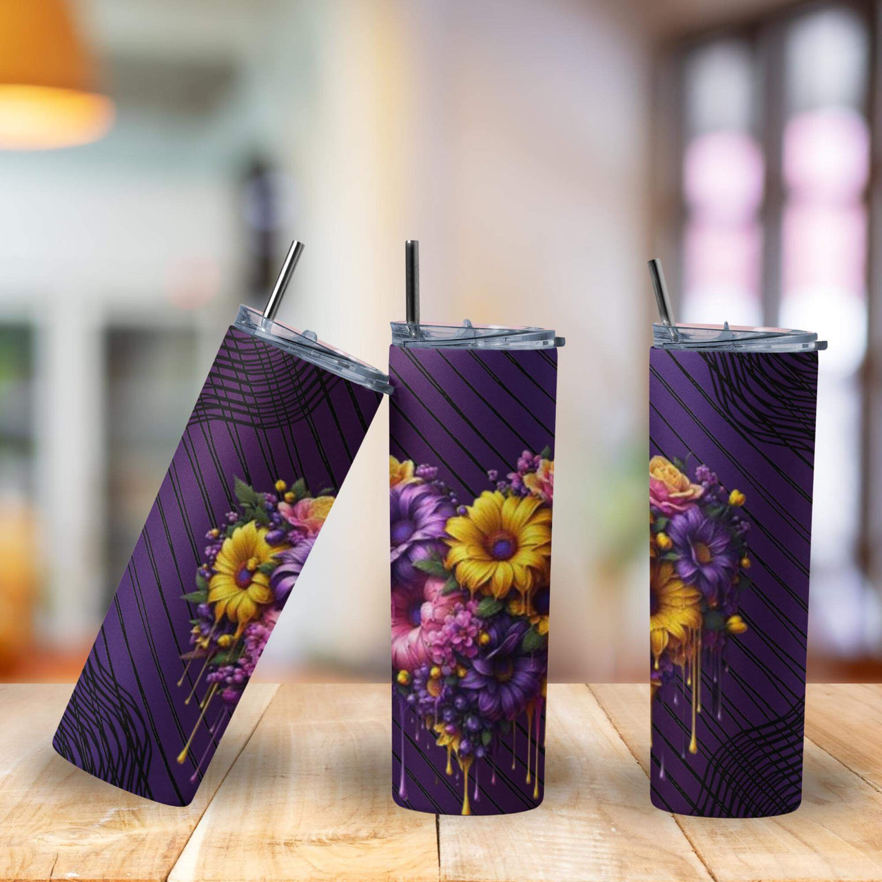 Purple Floral Drip Tumbler | 20oz Stainless Steel Cup with Bold Yellow & Purple Flowers