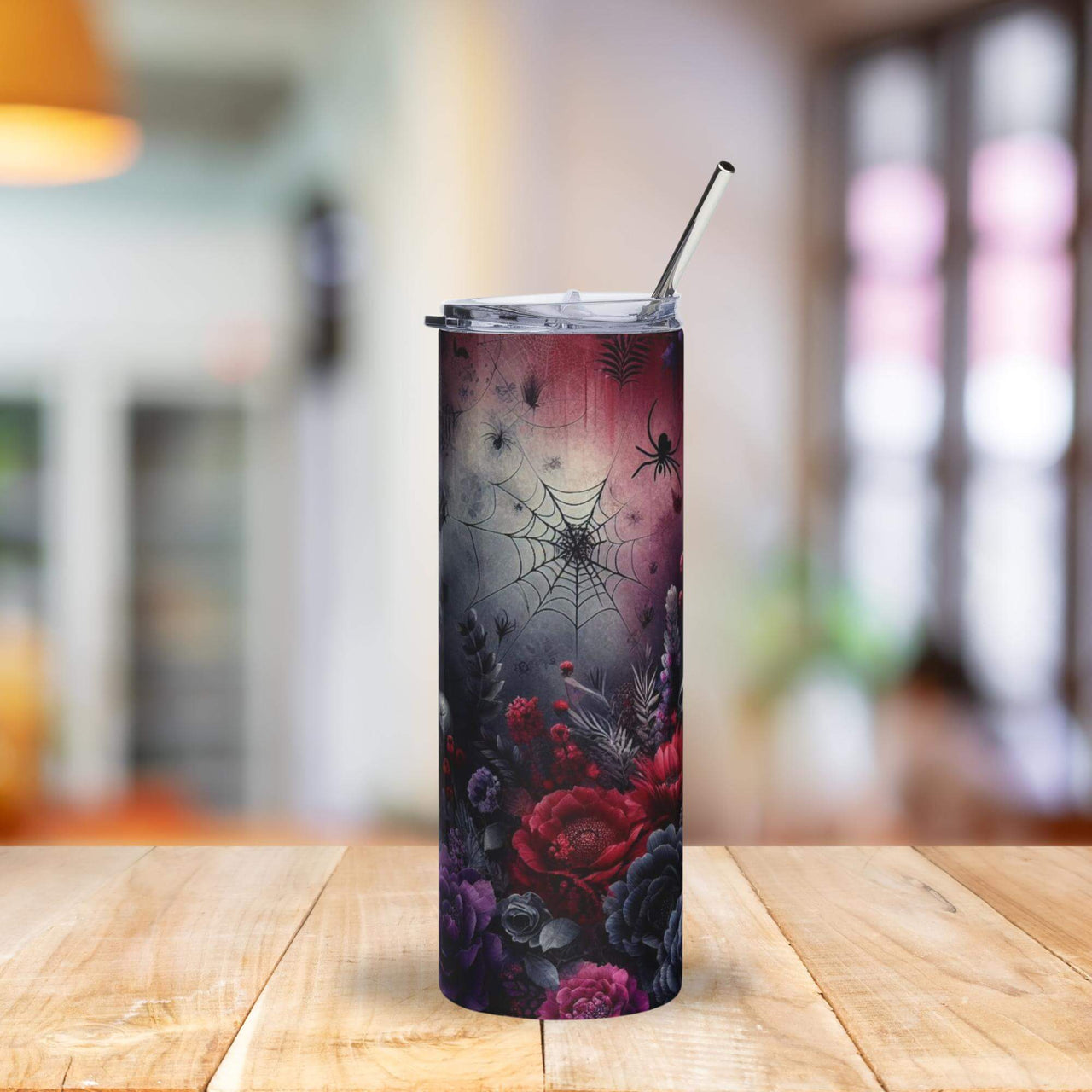 Gothic Floral Spiderweb Tumbler | 20oz Stainless Steel Cup with Dark Roses & Skull Accents
