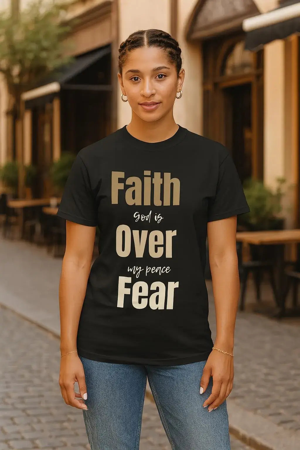 Person wearing a black t-shirt with motivational text on a street background