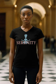 Woman wearing a black t-shirt with 'Serenity' design in a hallway.