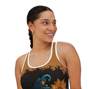 Woman wearing a tank top with a design of a star and lotus flower on a white background