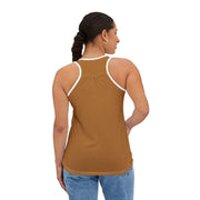 Woman wearing a brown tank top with white trim on a white background