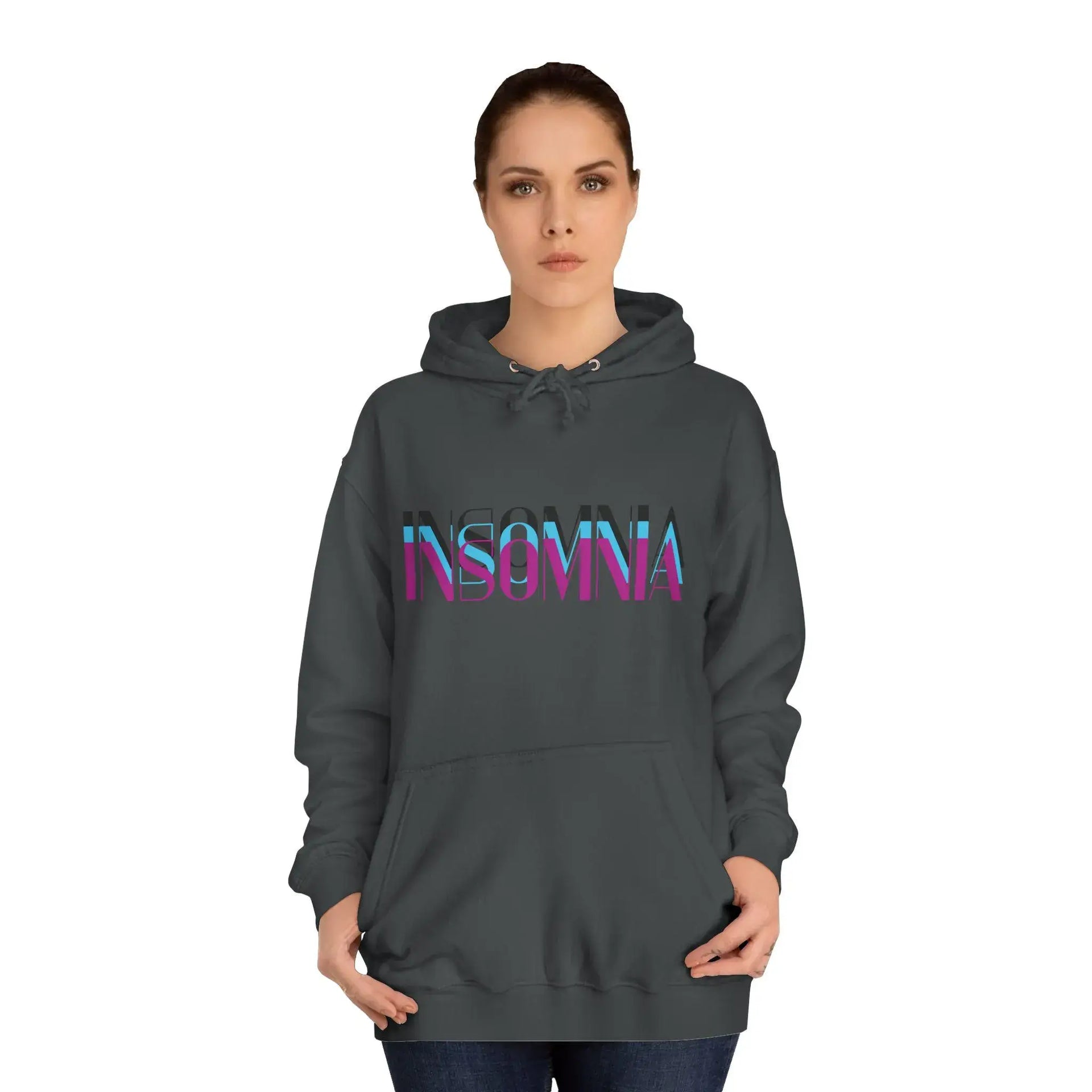 Person wearing a dark gray hoodie with 'INSOMNIA' text in colorful letters on a white background