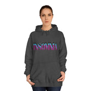 Person wearing a dark gray hoodie with 'INSOMNIA' text in colorful letters on a white background
