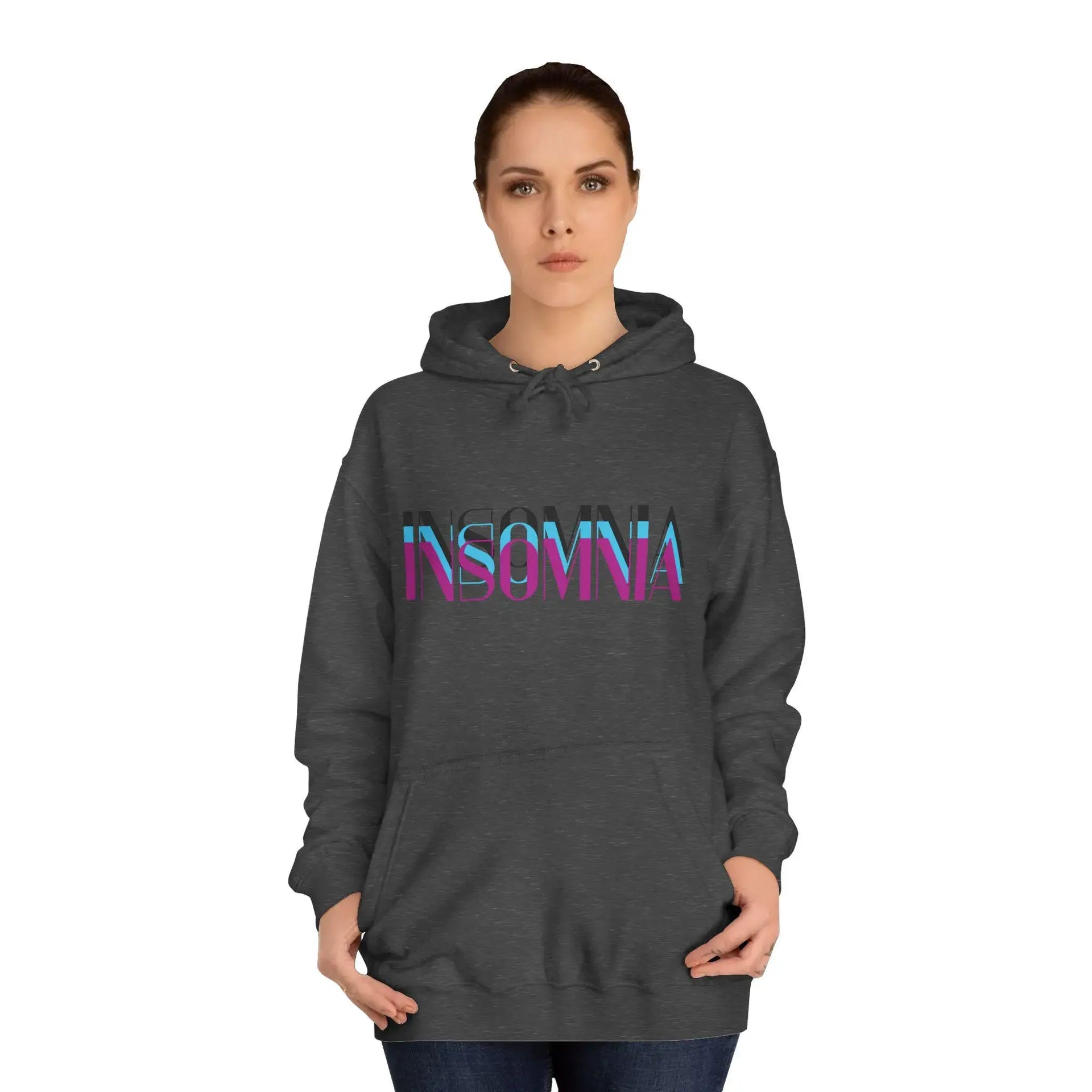 Person wearing a dark gray hoodie with 'INSOMNIA' text in colorful letters on a white background