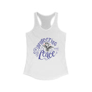 White tank top with purple graphic and text on a white background