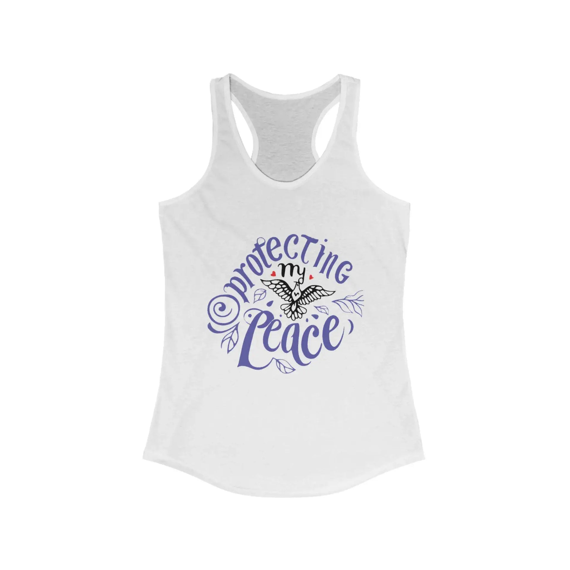 White tank top with purple graphic and text on a white background