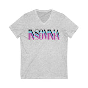 Gray V-neck t-shirt with 'INSOMNIA' printed in colorful letters on a white background