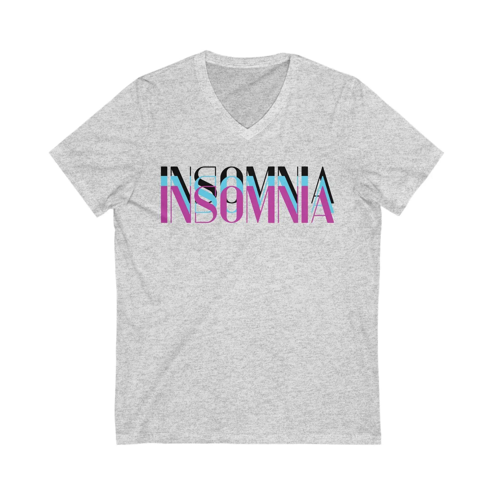 Gray V-neck t-shirt with 'INSOMNIA' printed in colorful letters on a white background