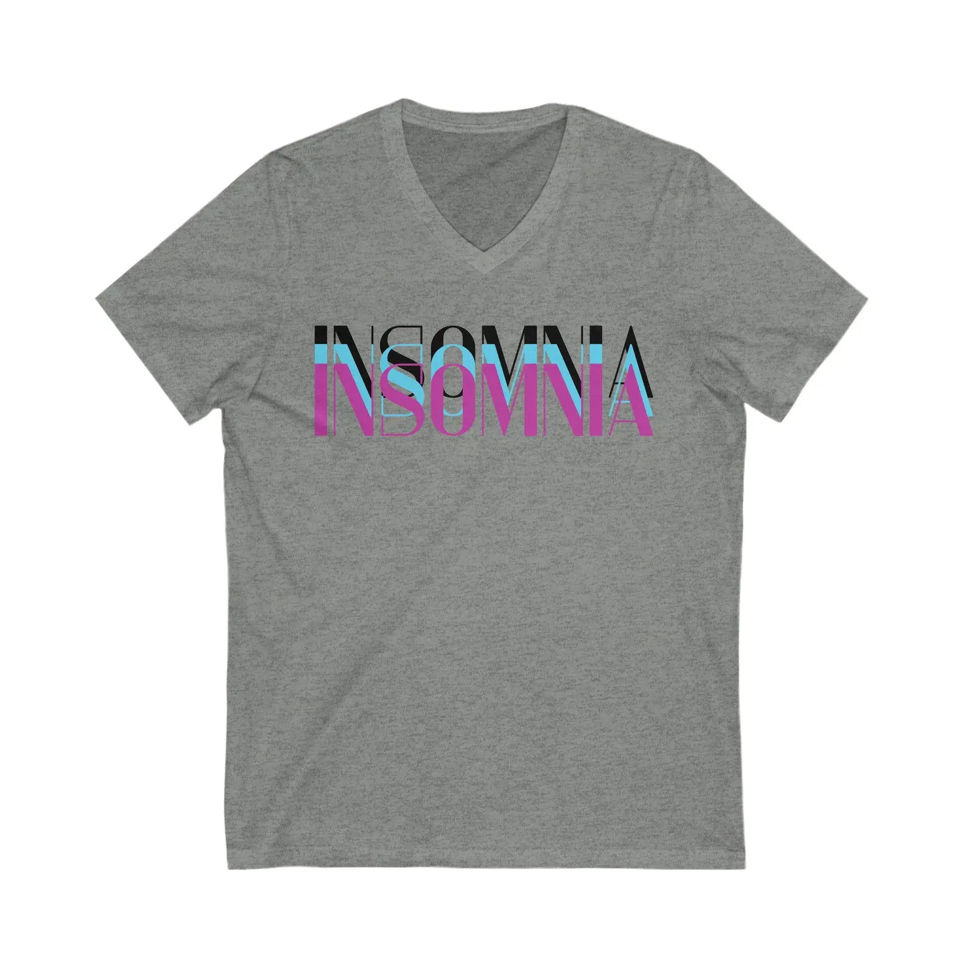 Gray t-shirt with 'INSOMNIA' text in colorful font on a white background