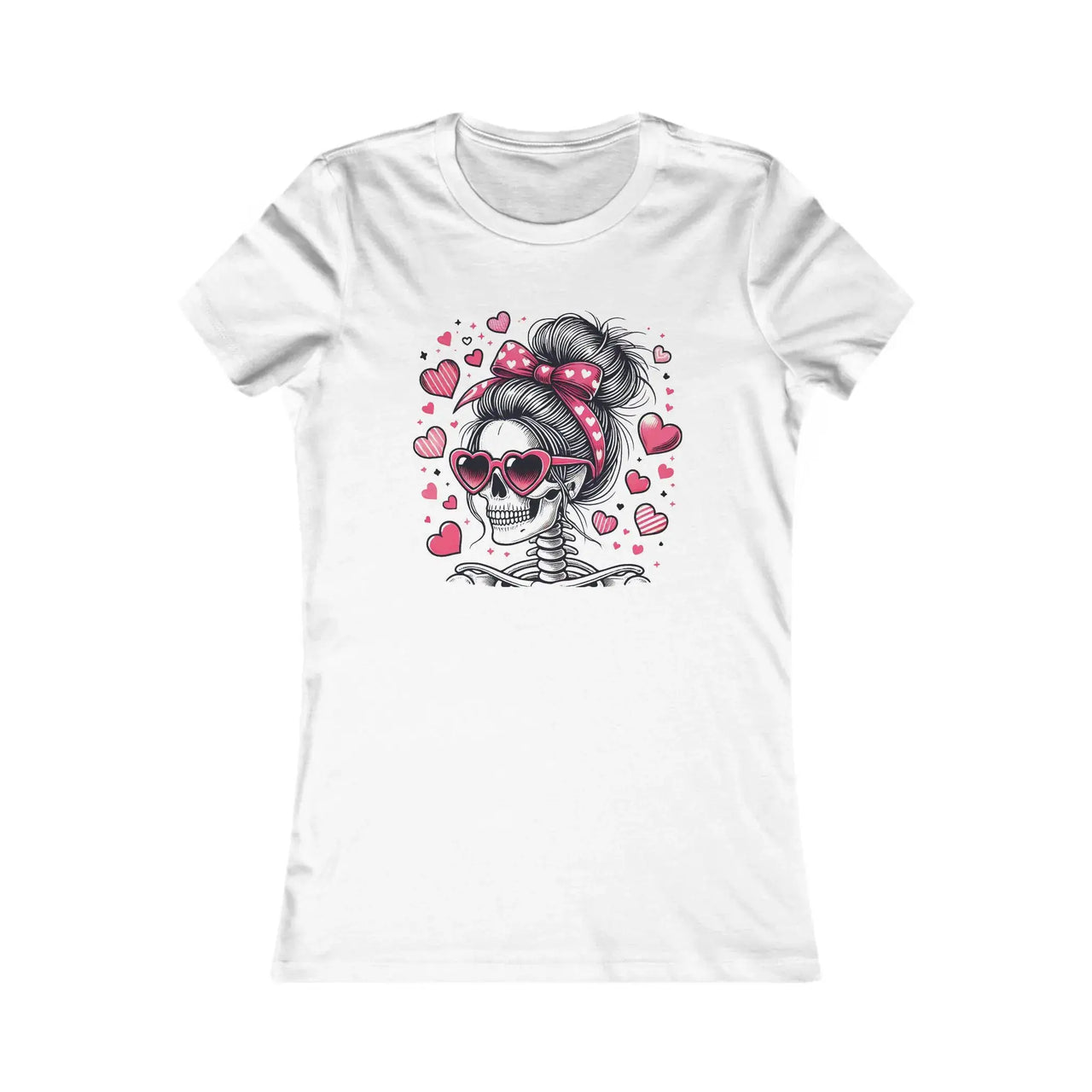 White t-shirt with a skeleton wearing sunglasses and a pink headband with hearts design on a white background.
