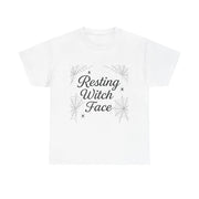 White t-shirt with 'Resting Witch Face' text and spider web design on a white background