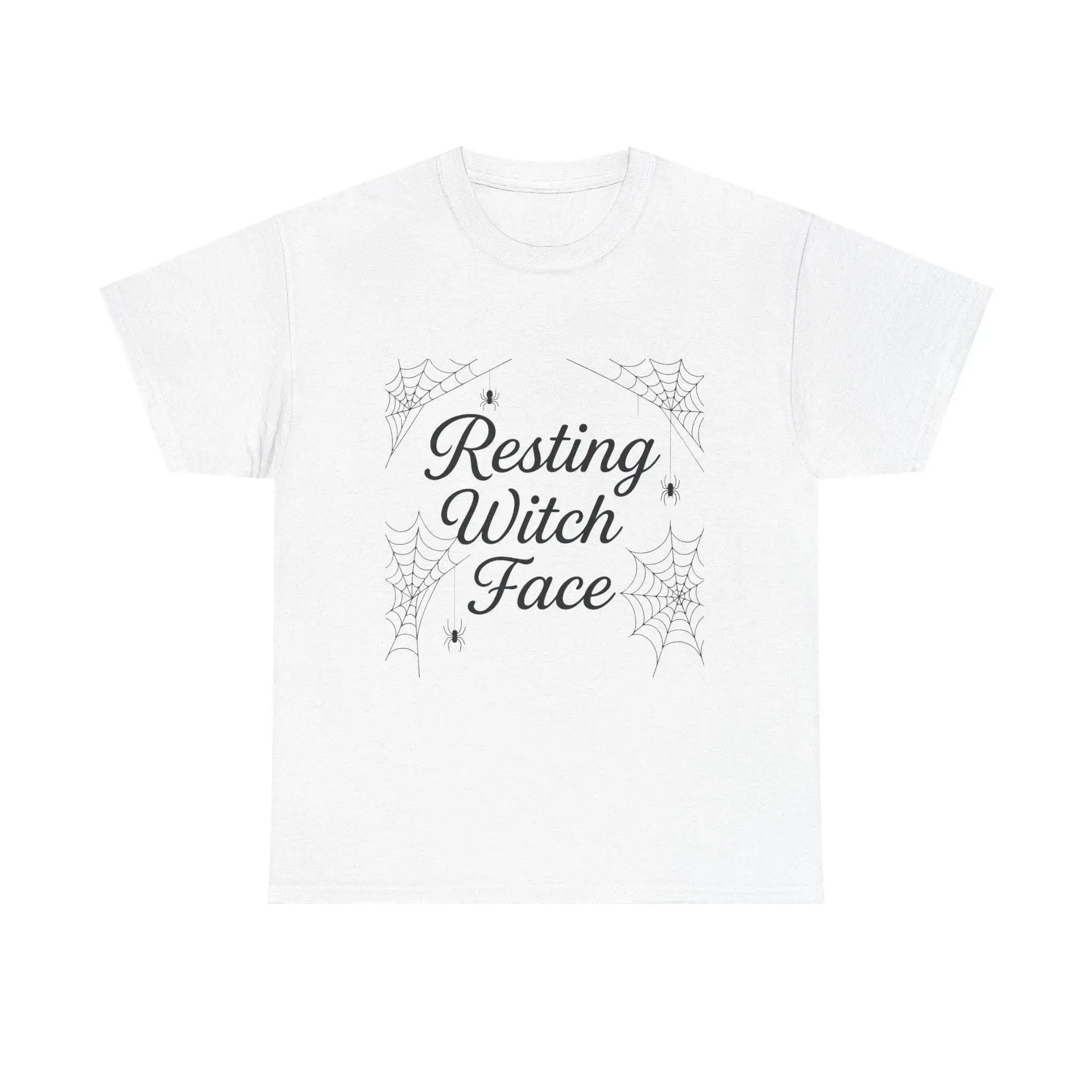 White t-shirt with 'Resting Witch Face' text and spider web design on a white background