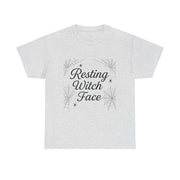 Gray t-shirt with 'Resting Witch Face' text and spider web design on a white background