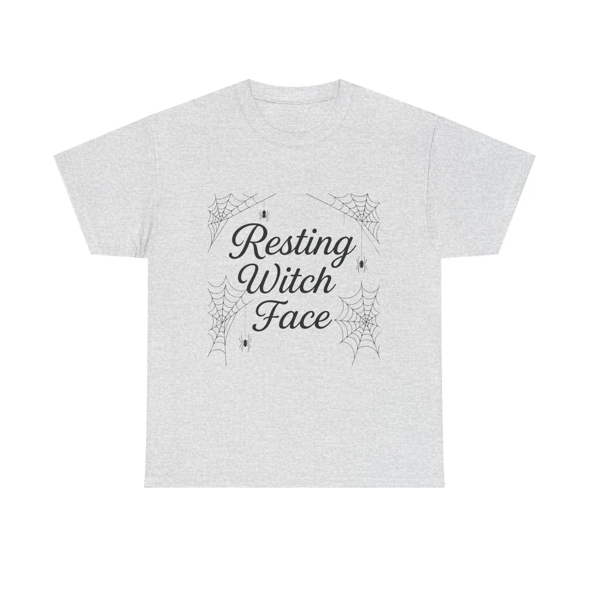 Gray t-shirt with 'Resting Witch Face' text and spider web design on a white background