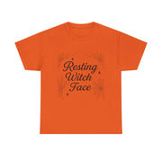 Orange t-shirt with 'Resting Witch Face' text and spider web design on a white background