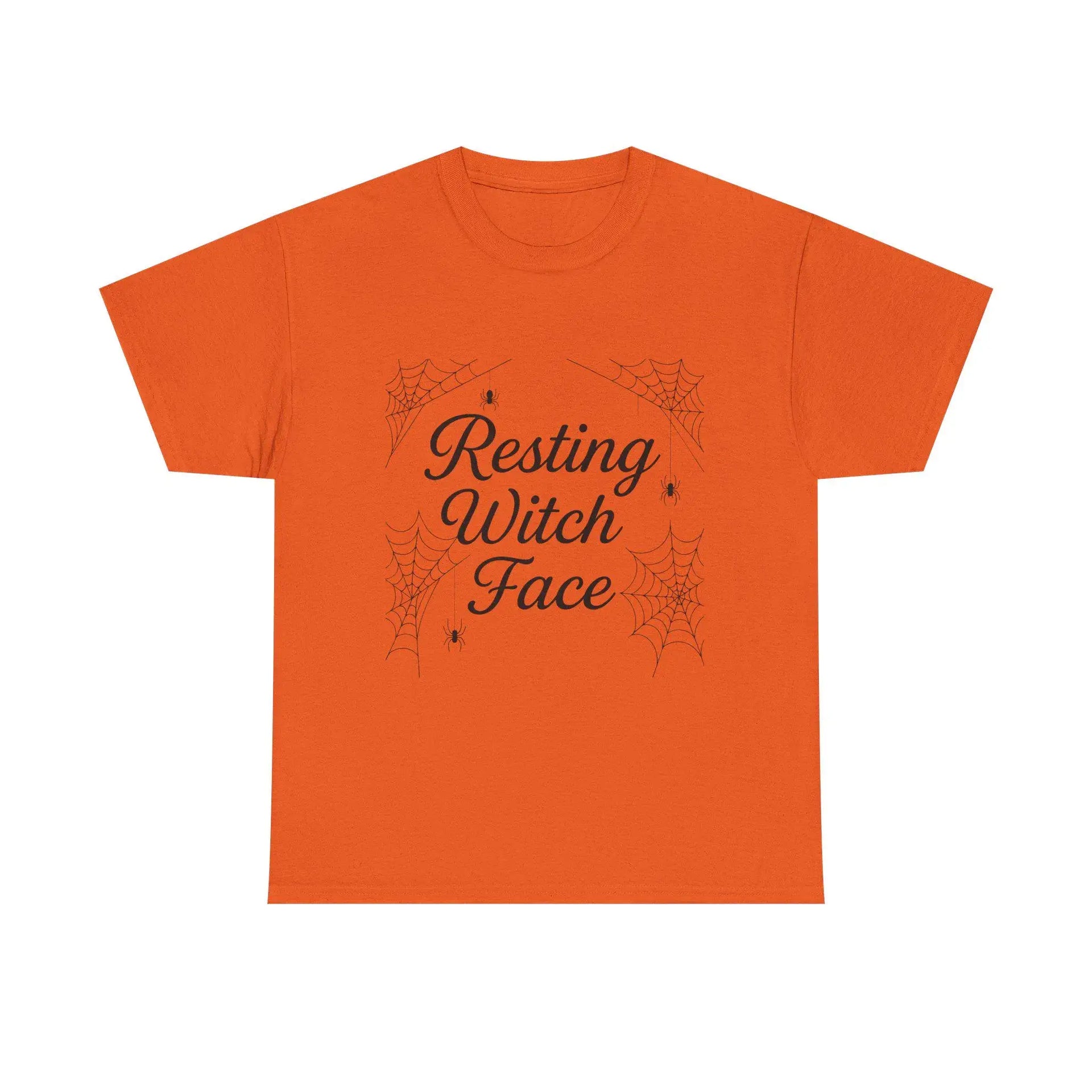 Orange t-shirt with 'Resting Witch Face' text and spider web design on a white background