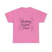 Pink t-shirt with 'Resting Witch Face' text and spider web design on a white background