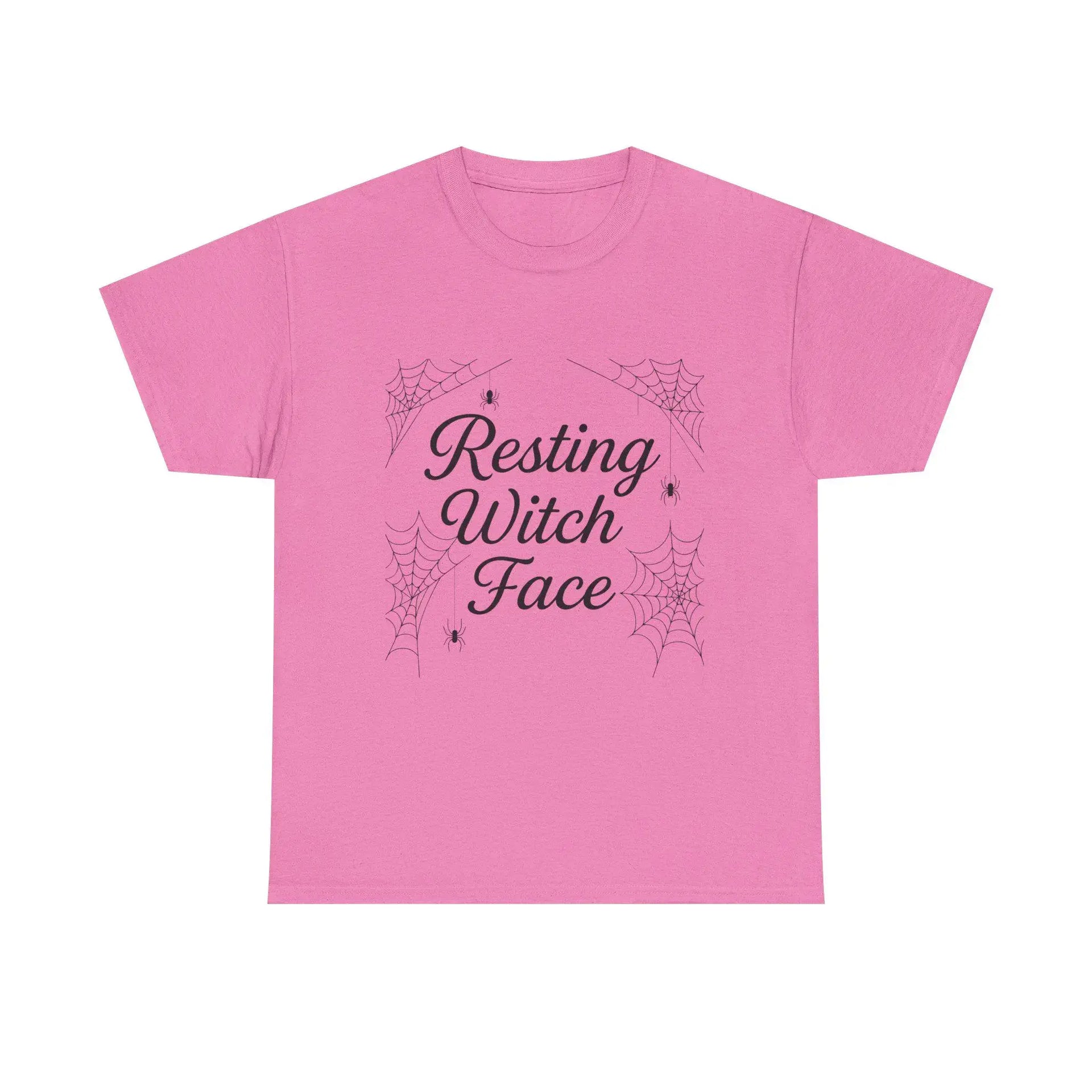 Pink t-shirt with 'Resting Witch Face' text and spider web design on a white background