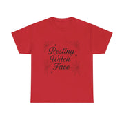 Red t-shirt with 'Resting Witch Face' text and spider web design on a white background