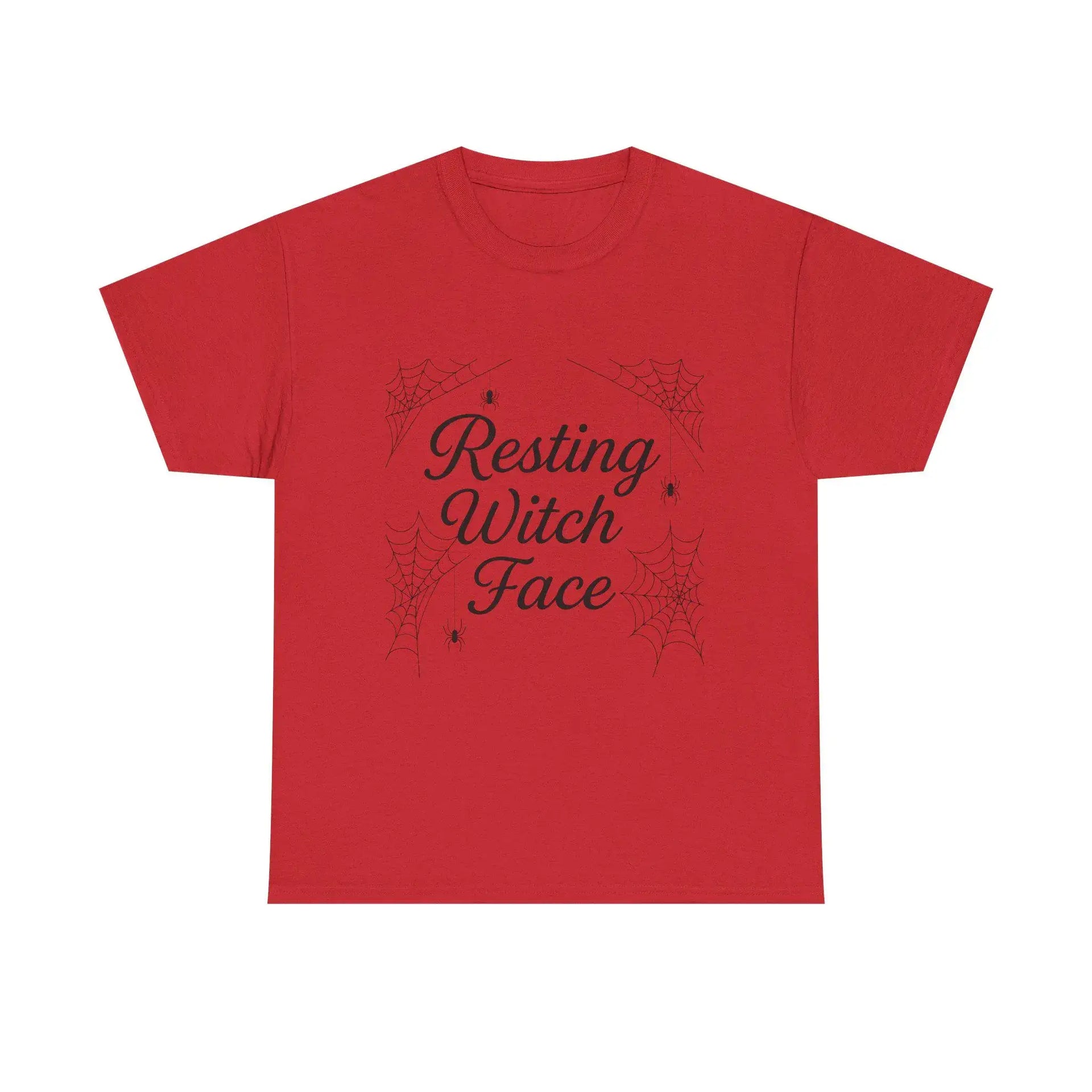 Red t-shirt with 'Resting Witch Face' text and spider web design on a white background