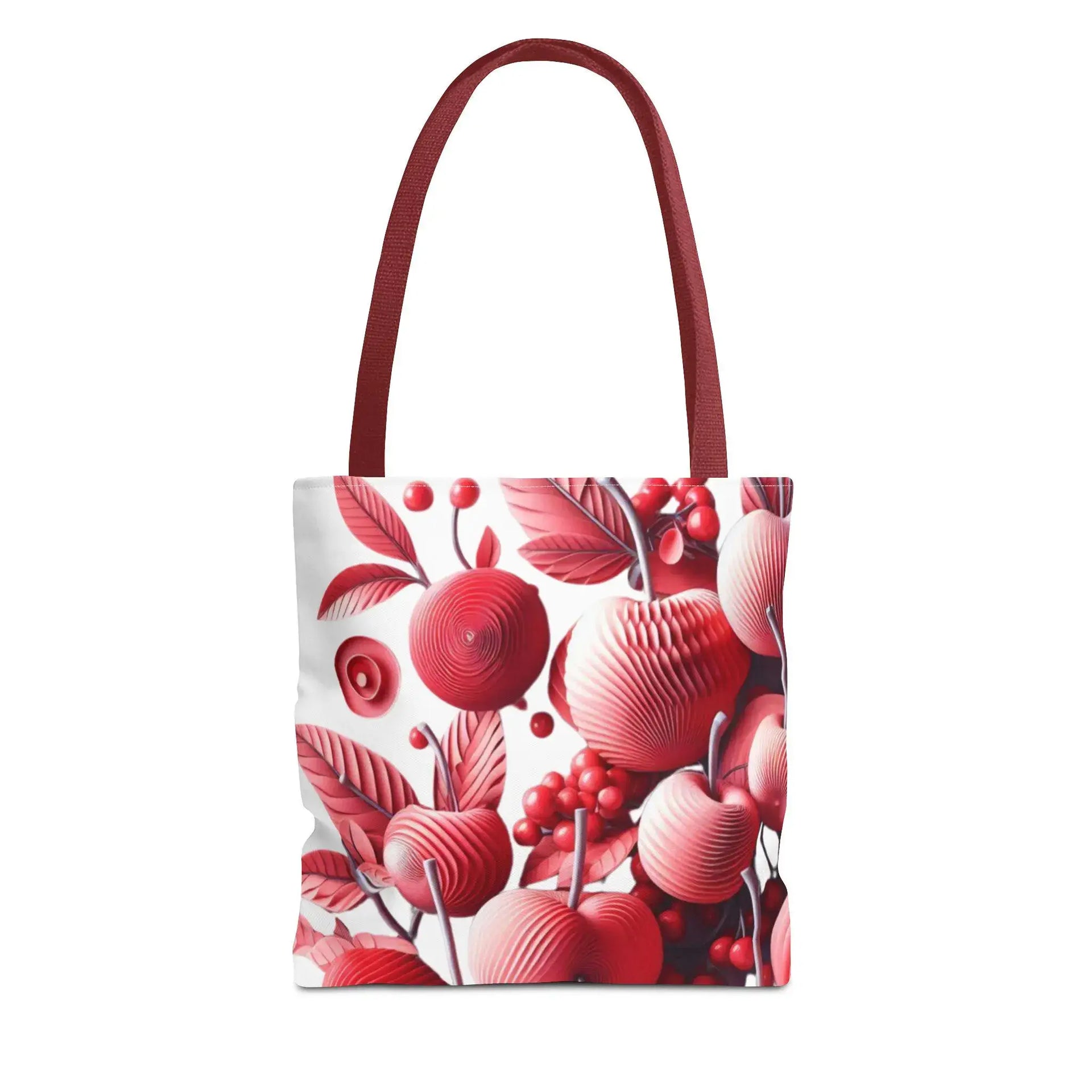 Tote bag with red floral design on a white background