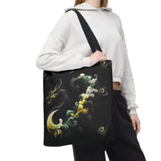 Person wearing a white hoodie and black pants, carrying a black tote bag with colorful abstract designs.