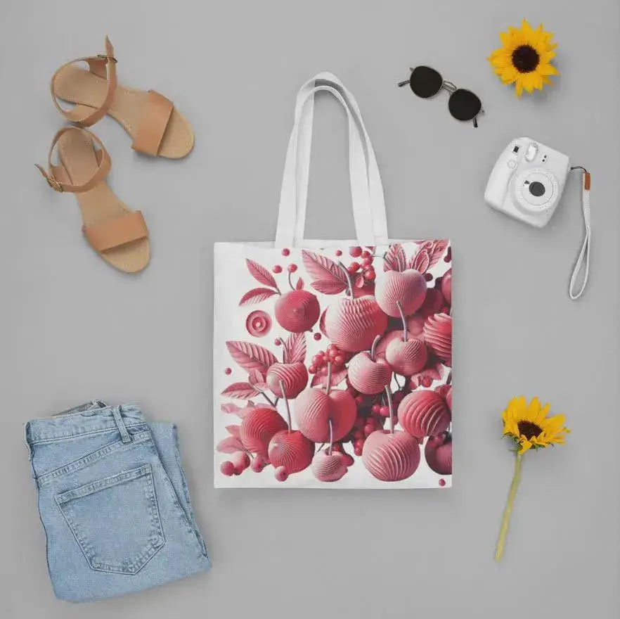 Tote bag with pink floral design on a gray surface with accessories around