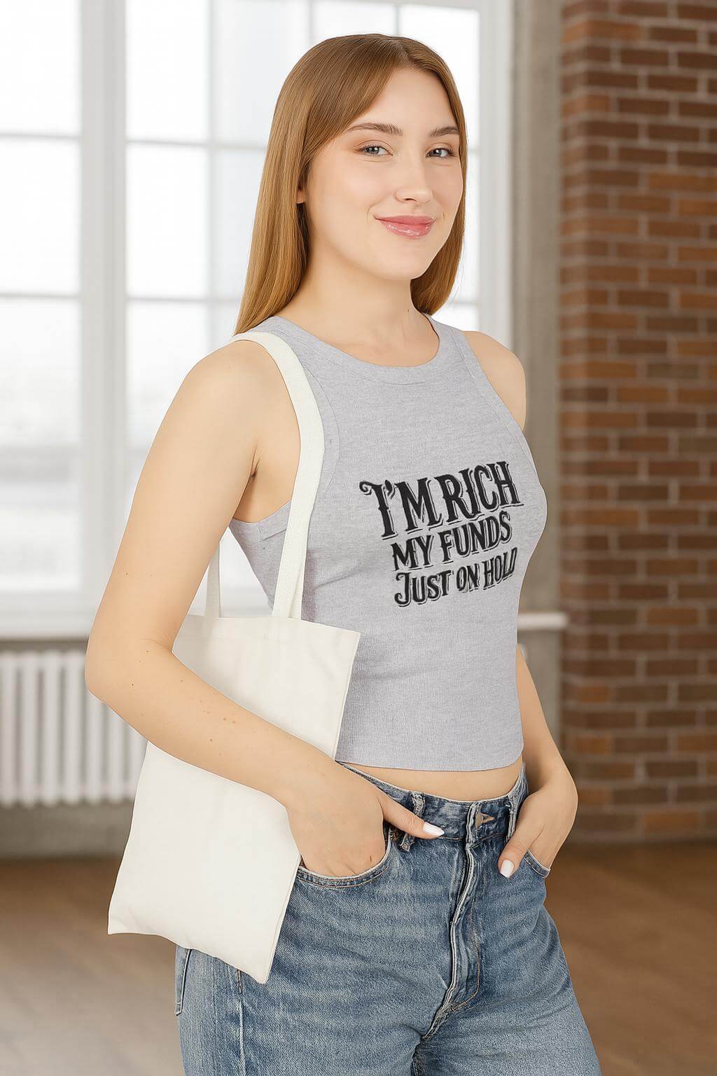 Woman wearing a gray tank top with text, holding a white tote bag indoors.