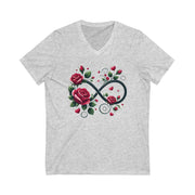 Gray t-shirt with an infinity symbol and roses design on a white background
