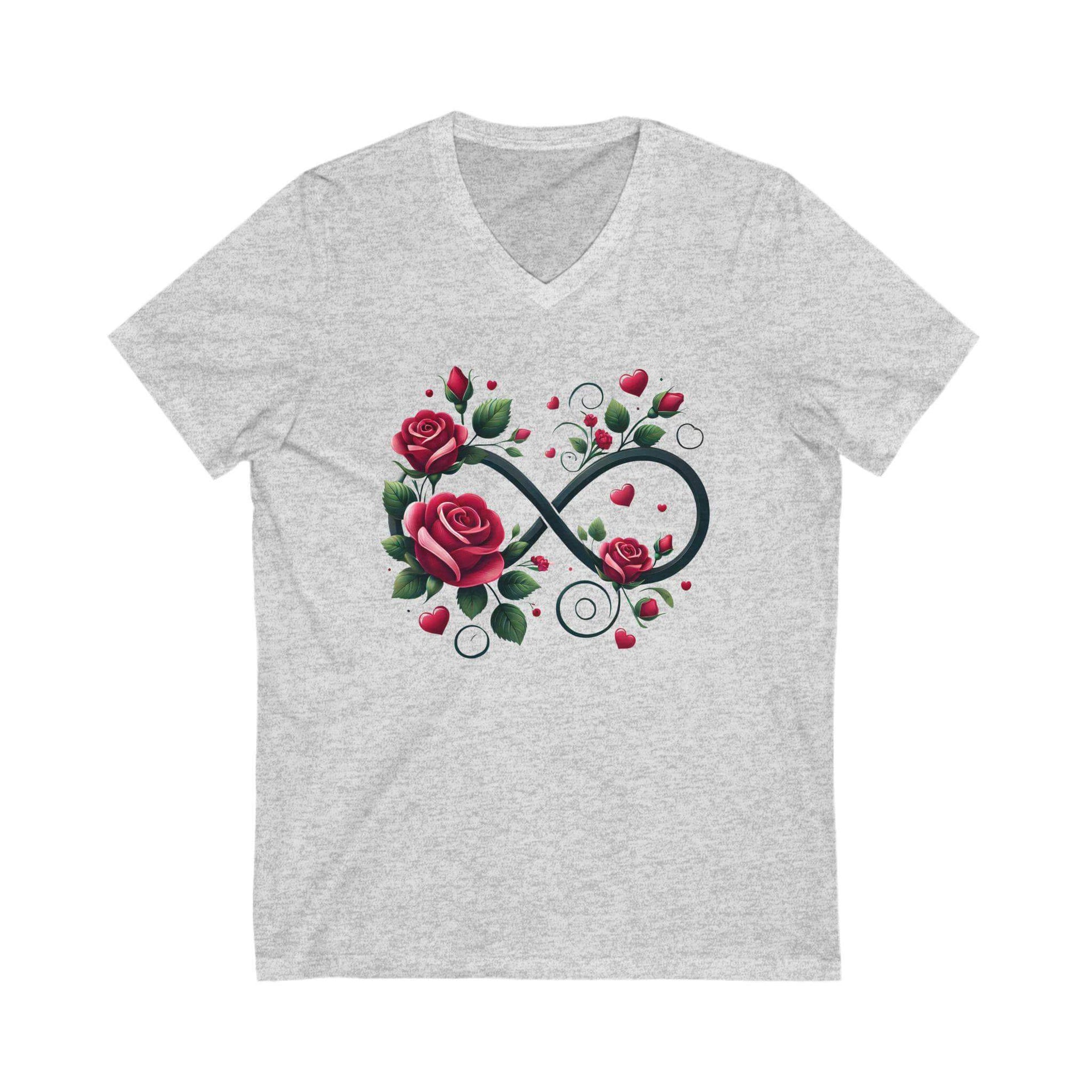 Gray t-shirt with an infinity symbol and roses design on a white background