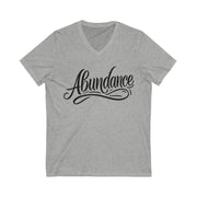 Gray t-shirt with 'Abundance' text on a white background