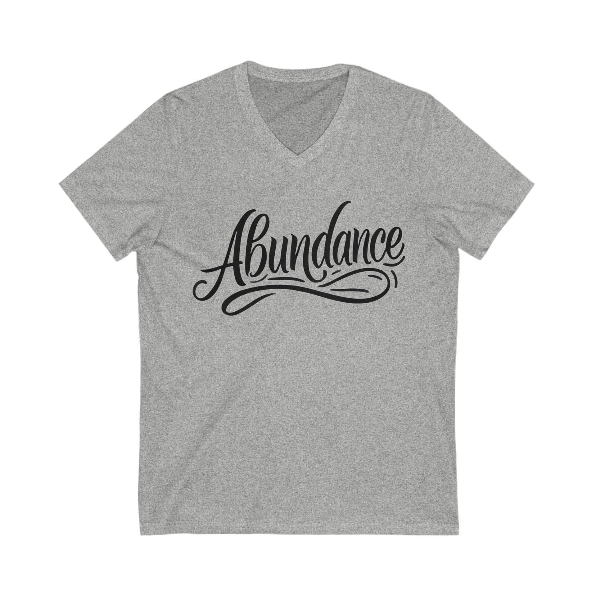 Gray t-shirt with 'Abundance' text on a white background