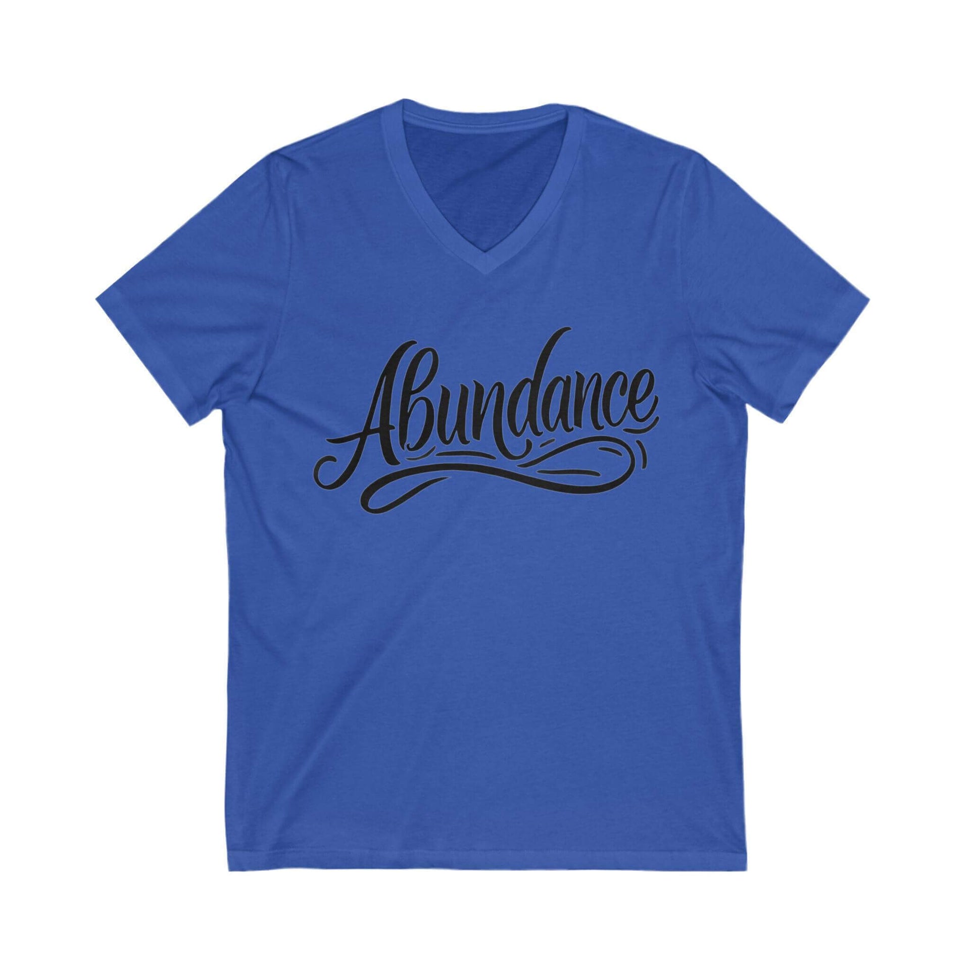 Blue t-shirt with 'Abundance' text on a white background