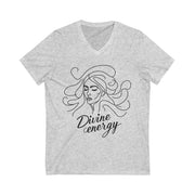 Gray t-shirt with a graphic of a woman's face and 'Divine energy' text on a white background