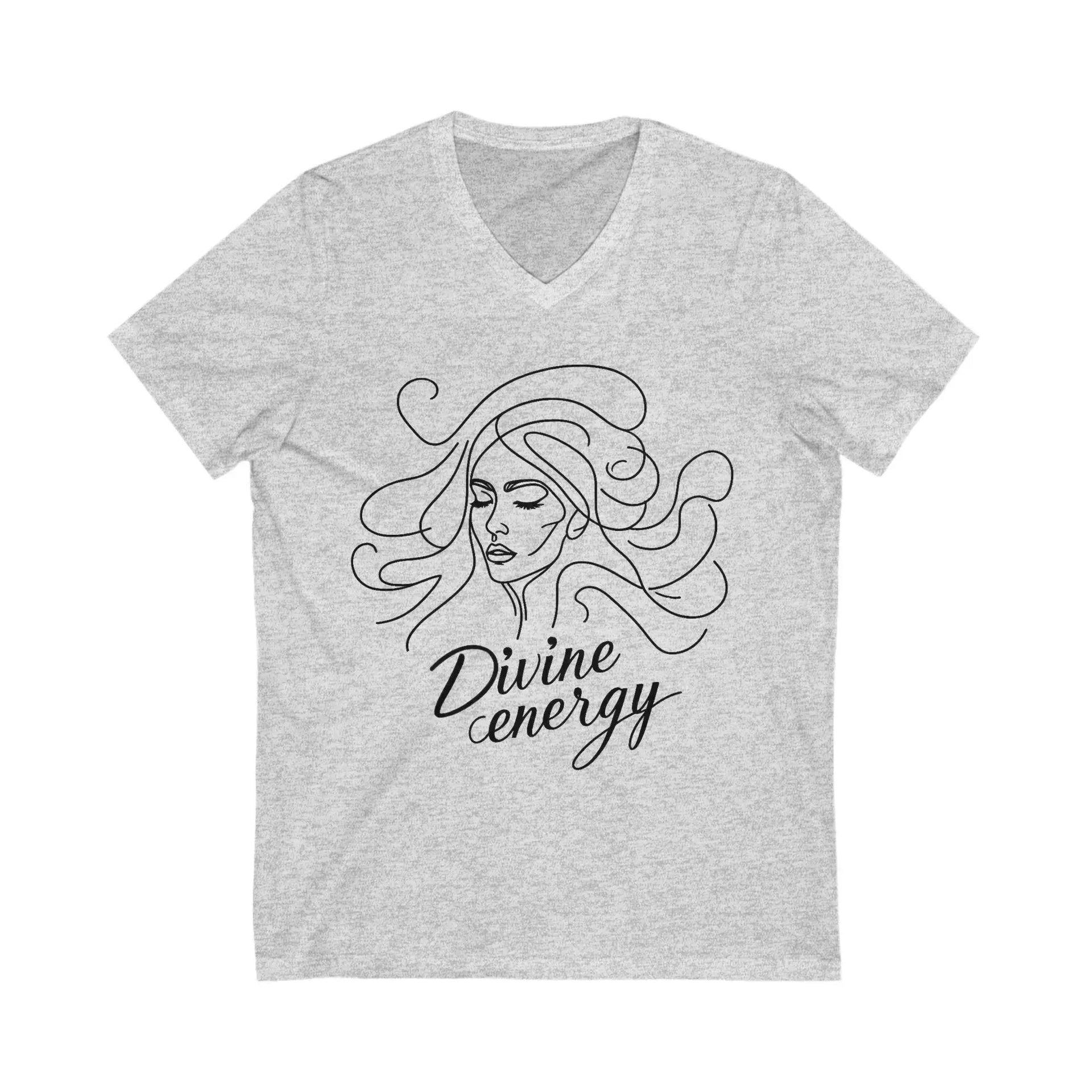 Gray t-shirt with a graphic of a woman's face and 'Divine energy' text on a white background