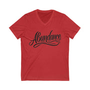 Red t-shirt with 'Abundance' text on a white background