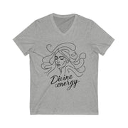 Gray t-shirt with a woman's face and 'Divine energy' text on a white background