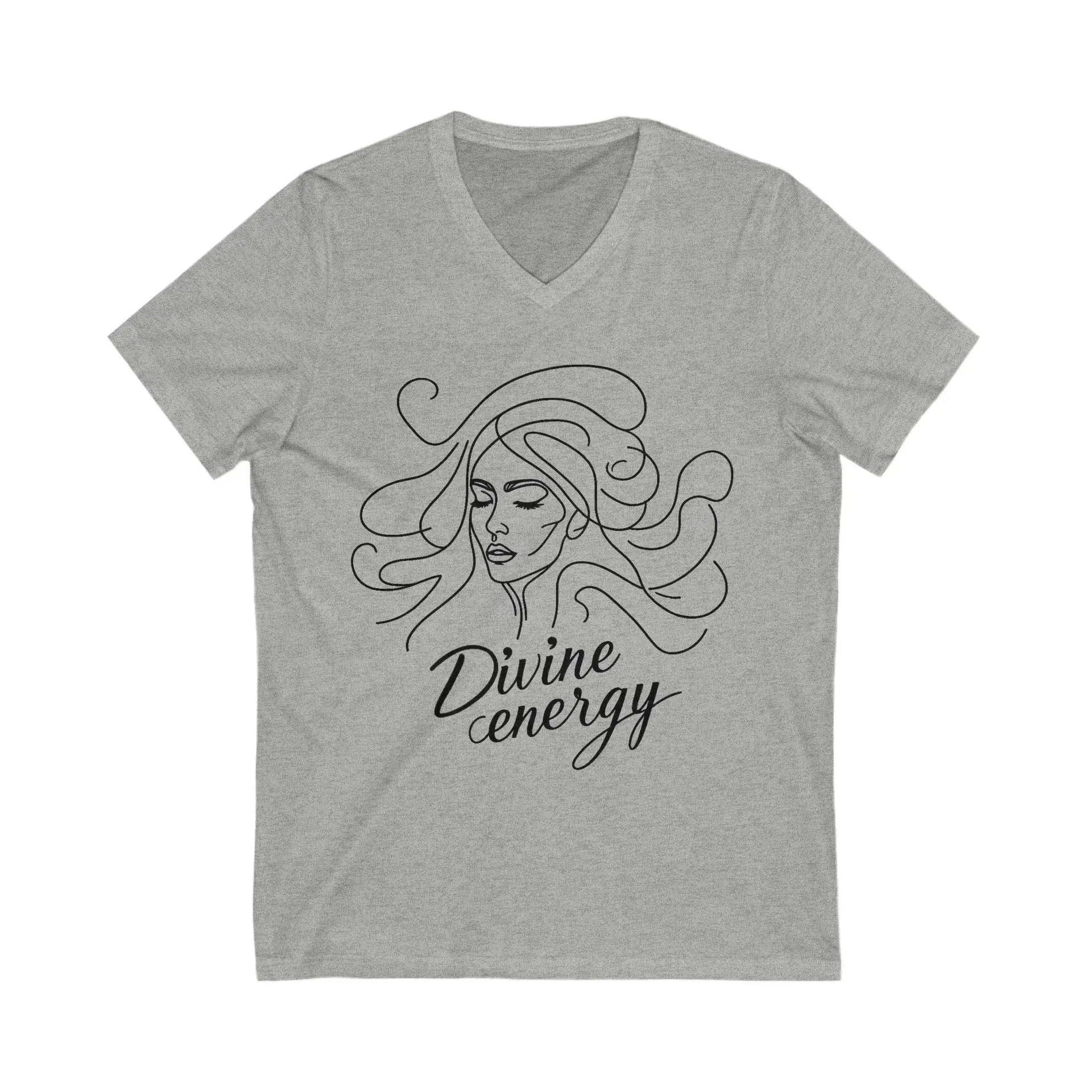 Gray t-shirt with a woman's face and 'Divine energy' text on a white background