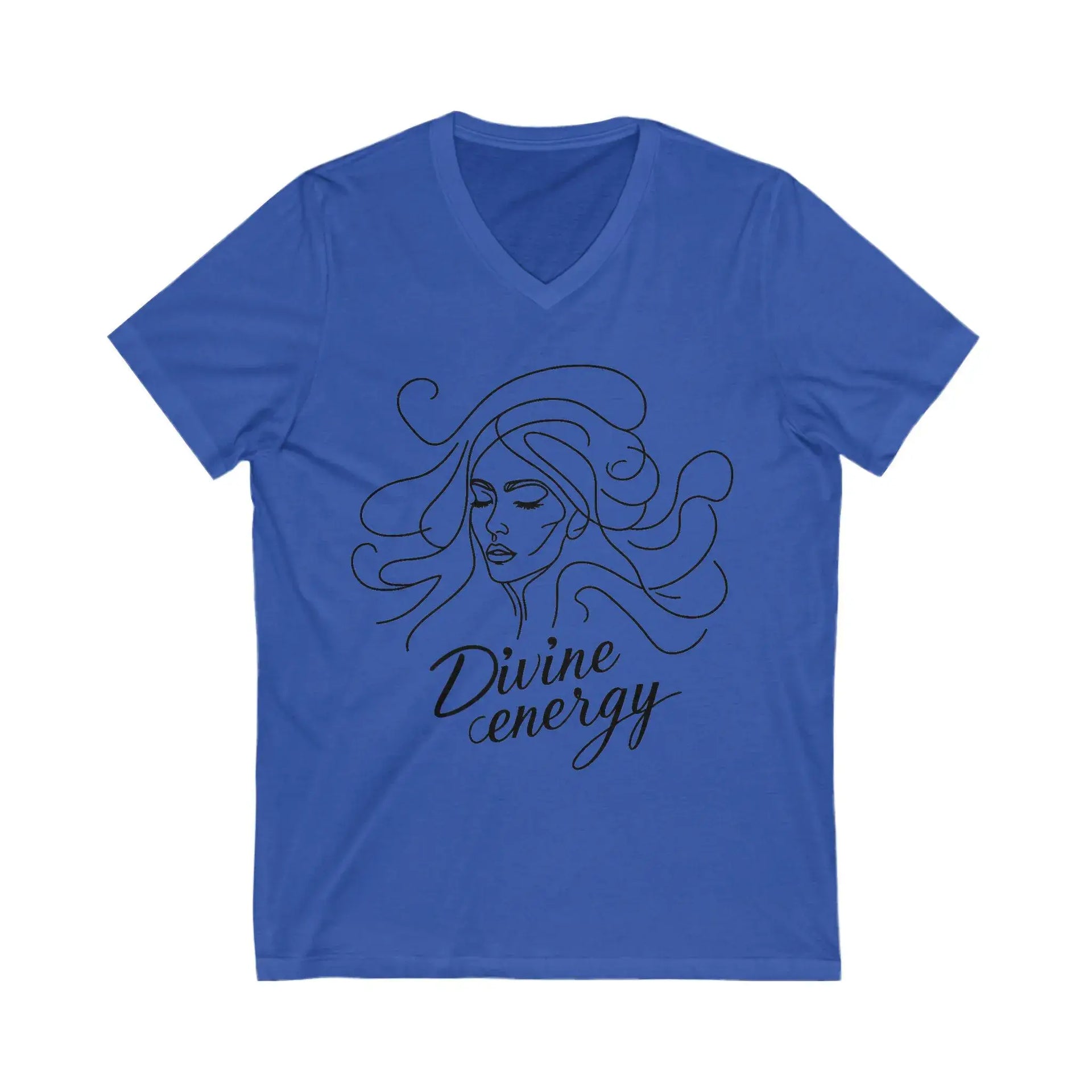 Blue t-shirt with a woman's face and 'Divine energy' text on a white background