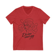 Red V-neck t-shirt with a black graphic and 'Divine energy' text on a white background