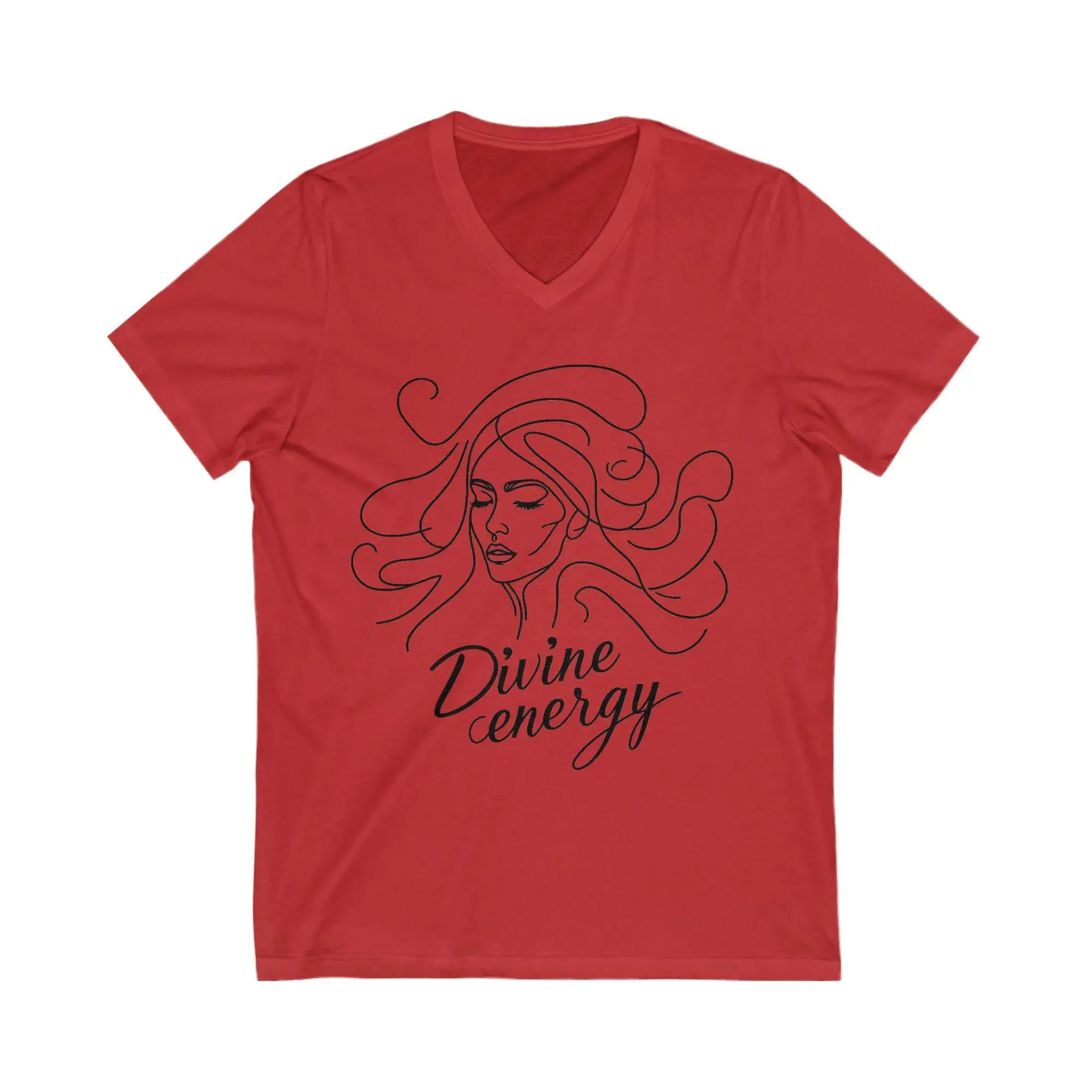 Red V-neck t-shirt with a black graphic and 'Divine energy' text on a white background