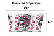 Pillowcase with skull design and hearts, labeled 'Oversized & Spacious' with dimensions 24" x 13".