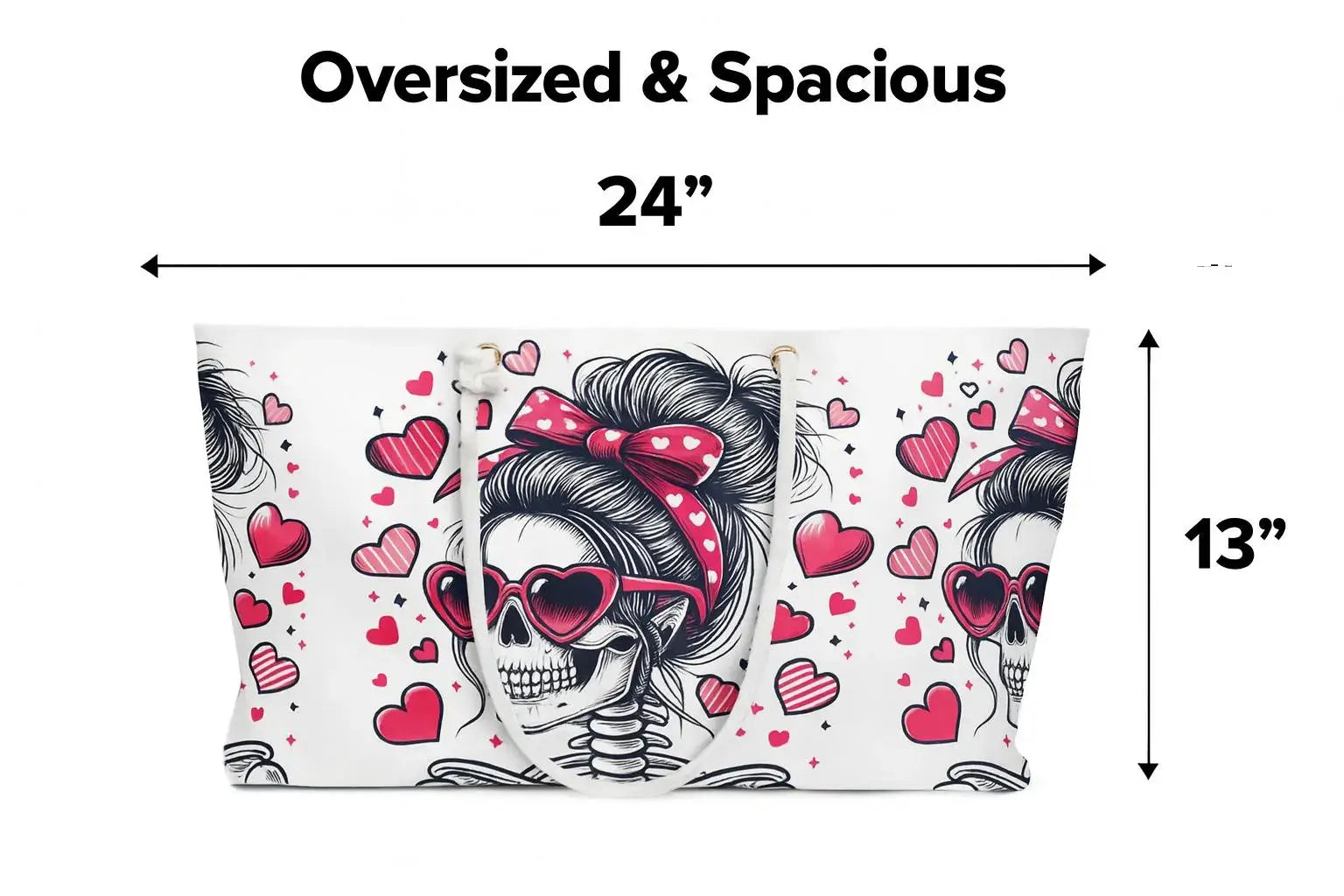 Pillowcase with skull design and hearts, labeled 'Oversized & Spacious' with dimensions 24" x 13".