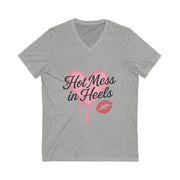 Gray t-shirt with 'Hot Mess in Heels' text and pink heart design on a white background