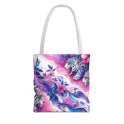 Tote bag with a colorful design featuring leopards and floral elements on a white background