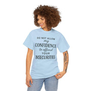 Woman wearing a light blue t-shirt with a motivational quote on a white background