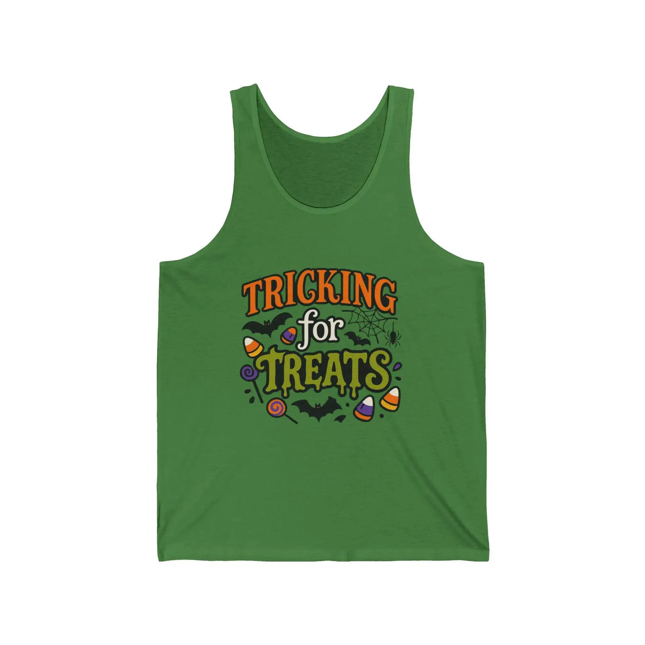 Tricking for Treats Halloween Tank Top | Unisex Jersey Sleeveless Shirt for Spooky Fun & Fall Parties